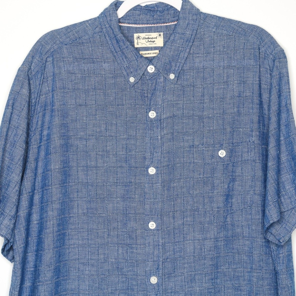 Weatherproof Vintage Mens‎ Button Up Shirt XL Blue Square Stitch Linen Nautical